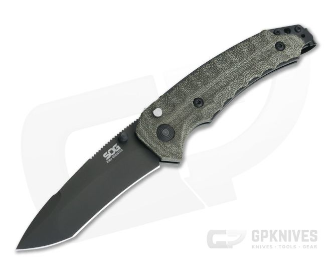 SOG Kiku Assisted Black S35VN Linen Micarta Button Lock Assisted Folder KU-3004