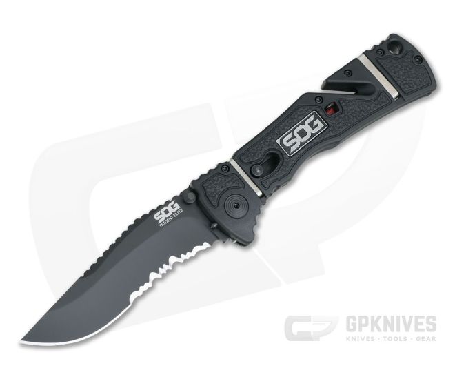 SOG Trident Elite Clip Point Black Serrated AUS-8 Black GRN Piston Lock Assisted Folder TF106-BX - Image 2