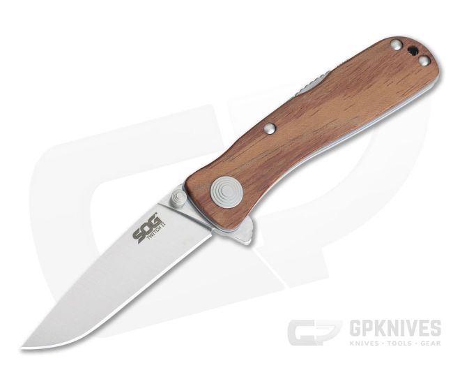 SOG Twitch II Satin AUS-8 Wood Back Lock Assisted Gentleman's Folder TWI17-BX